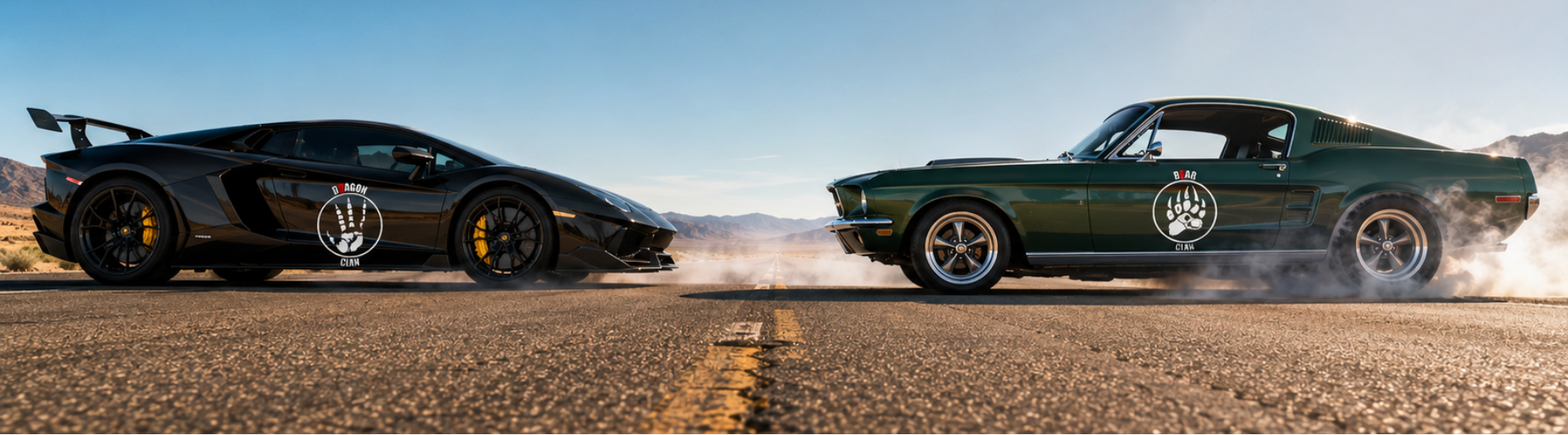 Two sports cars, one black and one green, on a desert road with a clear blue sky.